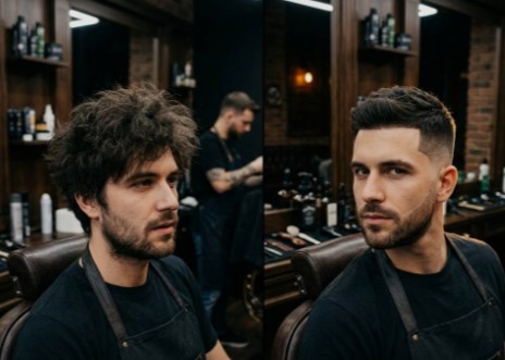 Transformation avant/après d'une coupe dégradée classique (fade)