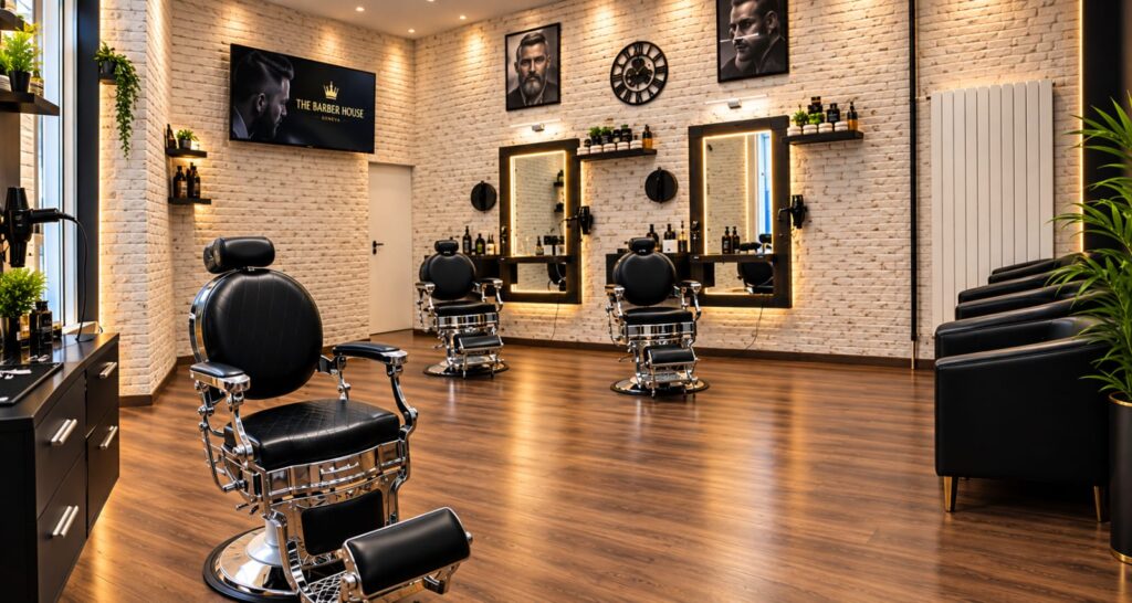 Salon de coiffure homme moderne The Barber House à Genève avec miroirs lumineux et chaises de barbier.