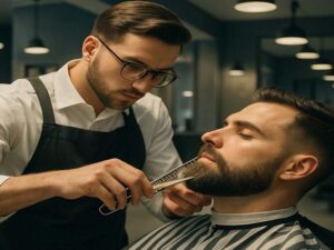 Un barbier taille la barbe d'un homme aux ciseaux et au peigne.