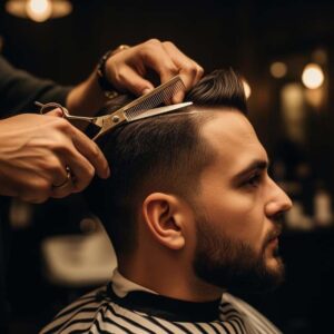 Un barbier coupe les cheveux d'un homme aux ciseaux.